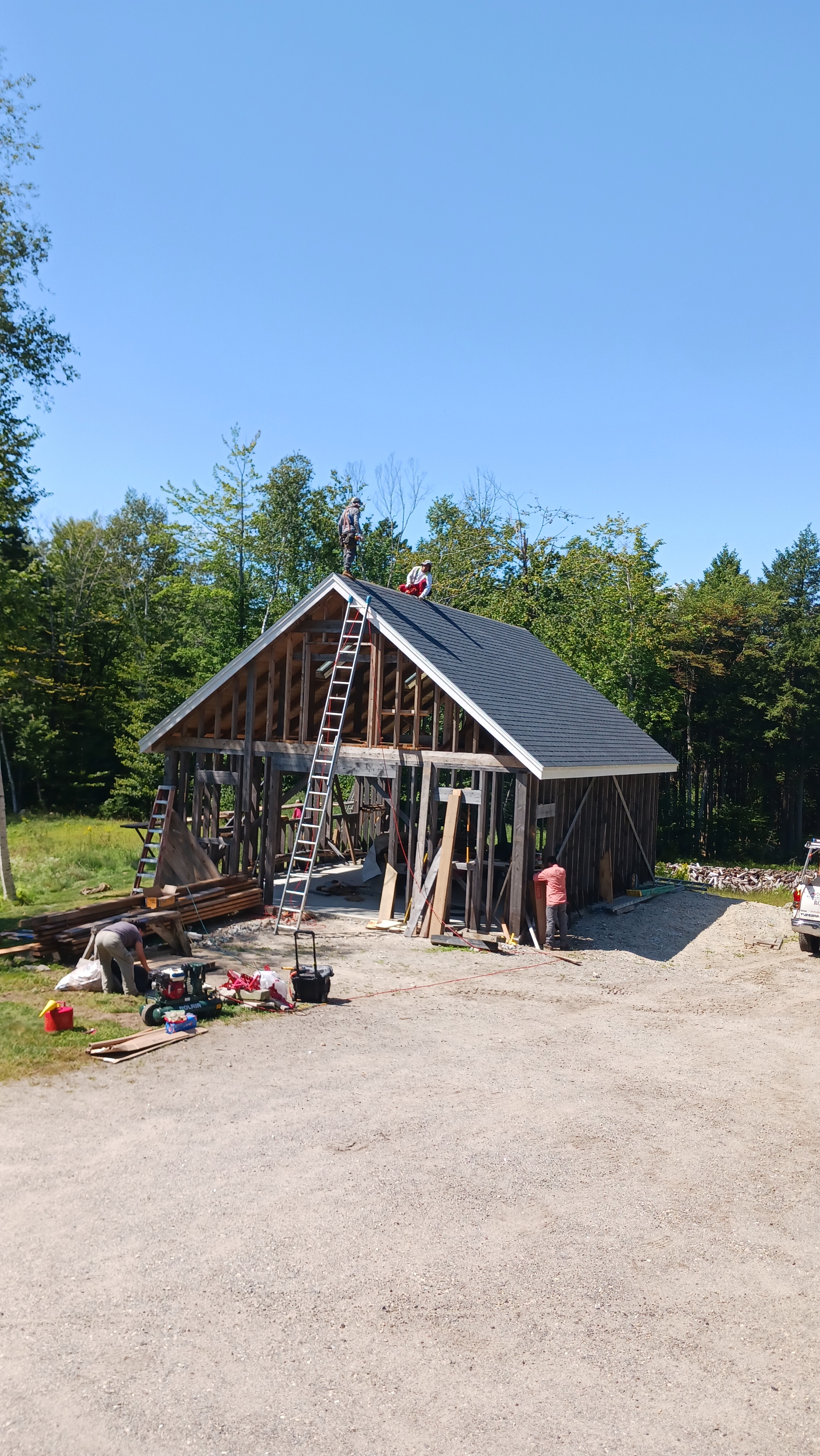 A barn being built with a ladder to the roof